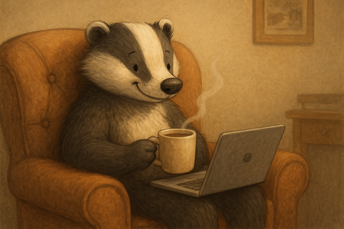 Cute and cozy badger sitting in a chair with a coffee and laptop.