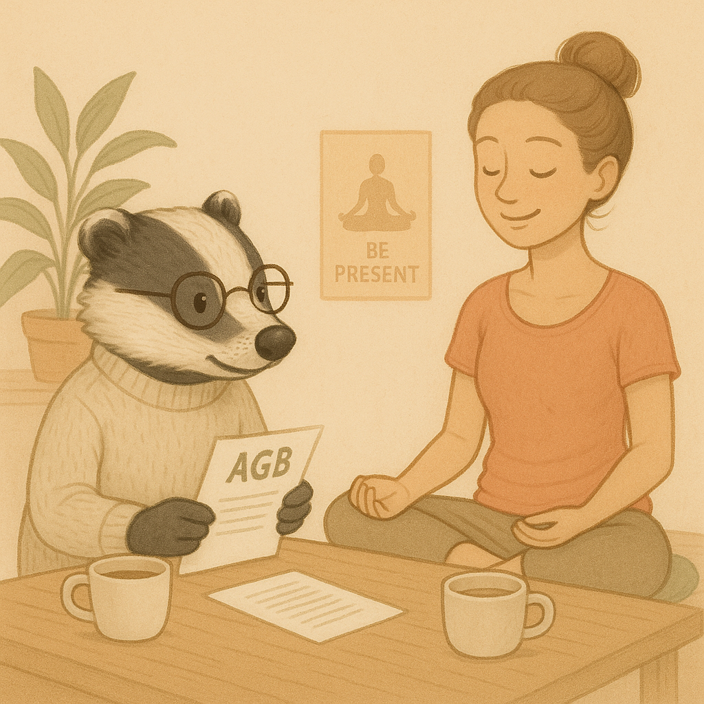 Ein Dachs geht mit einer Kundin die AGB durch.